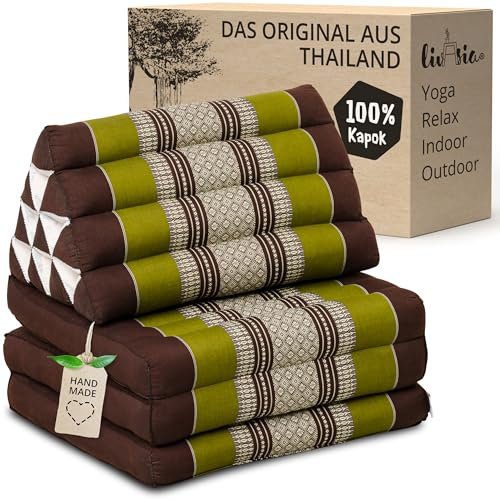 livasia Thaikissen mit 3 Auflagen - 175x50x8cm - Dreieckskissen mit Klappmatratze, Keilkissen Kapok, Rückenkissen faltbar, Thaimatte zum Klappen, handgefertigt, Meditationskissen (Braun/Grün)