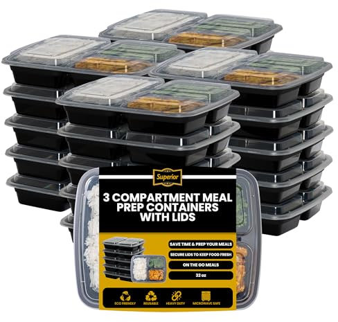 Superior 10 Pack Meal Prep Containers - 32oz Reusable 3 Compartment Food Containers–Microwave and Dishwasher Safe Prep Plastic Food Containers with Lid Divided Bento Box Lunch Tray