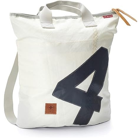 360° Ketsch Rucksack aus Segeltuch mit Schultergurt, Recycling Seesack Shopper Bag, Schultertasche Hobo Bag für Shopping und Strand, Rucksack weiß, Zahl grau