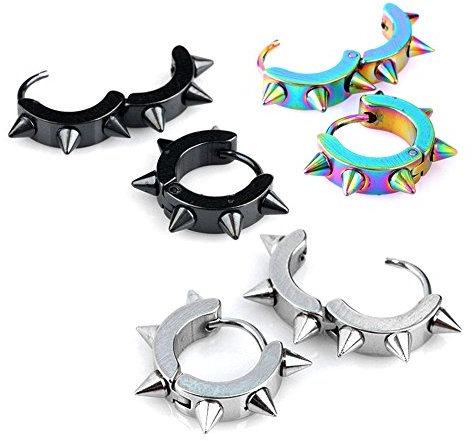 JOVIVI Punk Men Stainless Steel Spike Huggies Hoop Stud Earrings Piercing Jewelry Women,3 Pairs