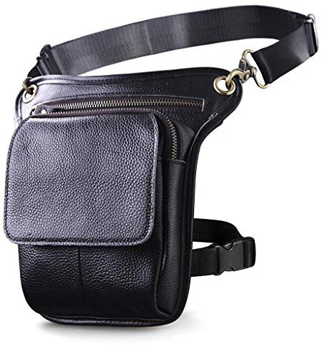 Le'aokuu Herren Echtes Leder Tasche Beinbeutel Beintasche Außenbeintasche Hüfttasche Drop Leg Thigh Bag Outdoors Messenger Bag 211-1 (211-1 B1 Schwarz)