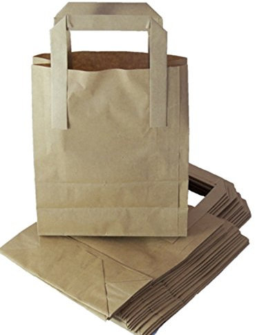 100 Medium Brown Kraft Paper Carrier Bags With Handles SOS Block Bottom Size 8 x 4 x 10 Food Takeaway Party 80gsm
