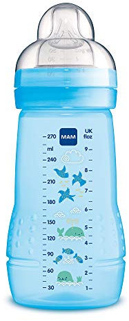 MAM Easy Active Trinkflasche (270 ml), Baby Trinkflasche inklusive MAM Sauger Größe 1 aus SkinSoft Silikon, Milchflasche mit ergonomischer Form, 0+ Monate, blau, blau-wal, 270 ml (1er pack)