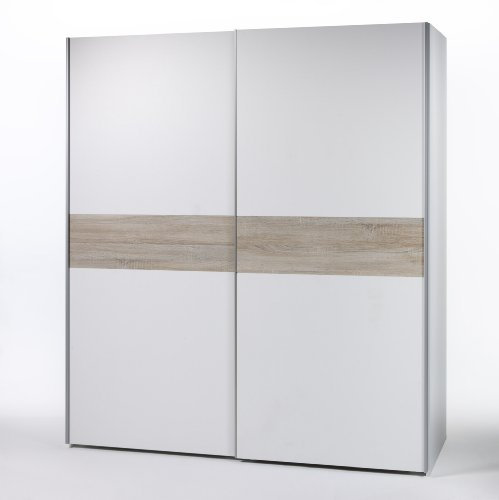 Stella Trading Victor 2 Kleiderschrank, Schwebetürenschrank Holzdekor, Weiß-Bauchbinde Eiche Sonoma, ca. 170 x 195 x 60 cm
