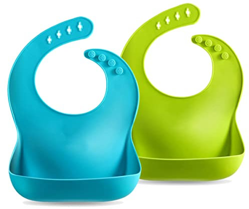 PandaEar 2 Stück Silikon Baby Lätzchen BPA Frei für Fütterung- Kleinkinder Fütterungs Lätzchen Silikon Weiches Wasserdicht mit Auffangschale 4 Verstellbaren Tasten für Kleinkinder Baby Jungen Mädche