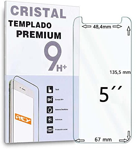 REY Protector de Pantalla Universal 5, Medida 13,5 x 6,7cm, Cristal Vidrio Templado Premium ¡¡¡ Medir Antes de Comprar !!!