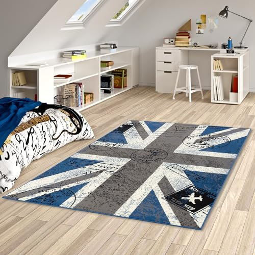 Pergamon Teppich Trendline Union Jack Grau Blau in 5 Größen