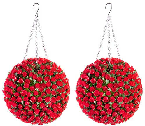 Best Artificial Pair of 28cm Red Rose Topiary Hanging Flower Balls **UV Fade Protected**