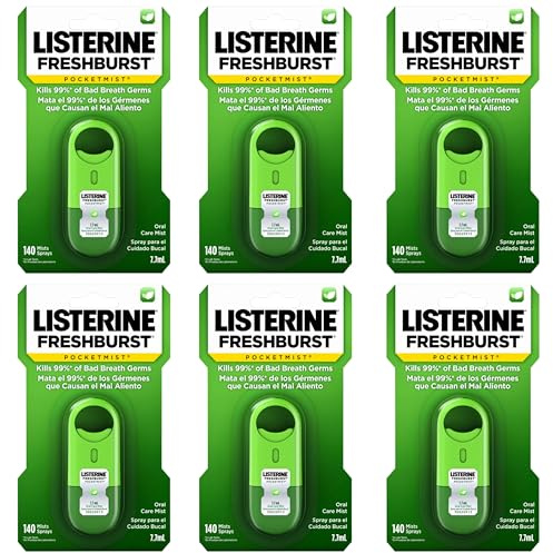 Listerine Freshburst Pocketmist Fresh Breath Oral Care Mist, Non-Aerosol Sugar-Free Minty Breath Refresher Spray to Kill 99% of Bad Breath Germs, Portable, Spearmint Flavor, 6 x 7.7 mL