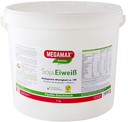Megamax Soja Eiweiß + Taurin + L-Methionin Vanille 5 Kg Glutenfrei | Sojaeiweiß-Isolat Low Carb | pflanzliches Eiweiss, Laktosefrei, Aspartamfrei | Veganes Protein für Muskelaufbau u. Muskelerhalt