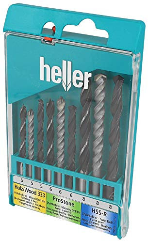 Heller Tools 3390/09 Mix Kassette Holz, Beton und Stahlbohrer, Set 9-teilig 3 x Ø 5/6/8 mm, universal, mix set, bohrer mischkassette