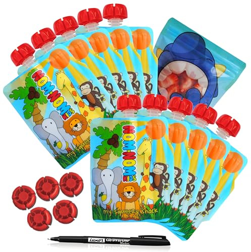 Nom Nom Kids – 10 x 140ml Animal Design Side Fill Pouches, 5 Extra caps, 1 Pen + 1 red or Blue Bonus Snack Bag for Finger Foods