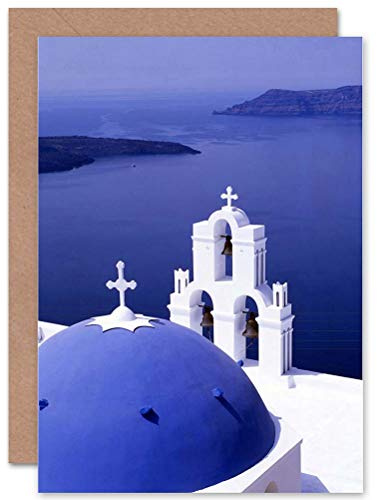 Wee Blue Coo SANTORINI CHURCH BLUE DOMED ROOF GREECE HOME BLANK GREETINGS CARD