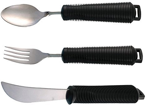 Easy Grip Bendable Cutlery - Set of Large Handled Cutlery, Knife, Fork, Spoon (Black)