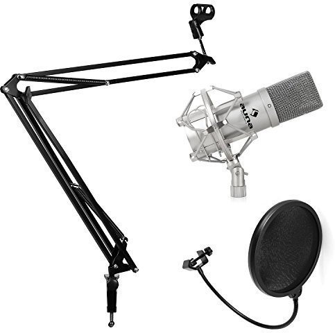 Auna Studio Mikrofon Set mit USB-Kondensator-Mikrofon, Mikrofonarm-Mikrofonstativ & Pop-Schutz (16mm Elektretmikrofonkapsel, inkl. Mikrofonspinne, Tisch-Halterung mit Mikrofonklemme) silber