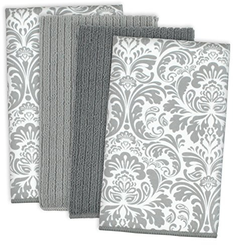 DII Cleaning Collection Multi-Purpose Microfiber, Gray Damask, Dishtowel Set