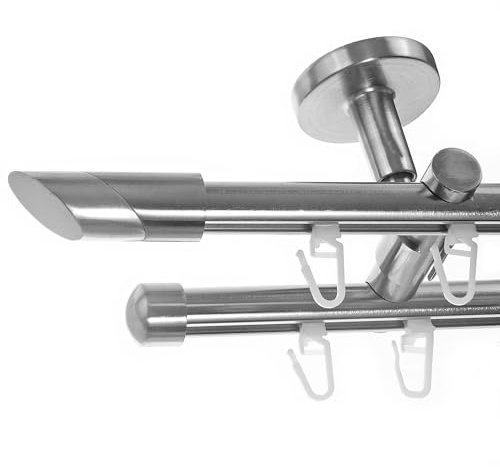 BASIT Gardinenstange Innenlauf Edelstahllook 16mm 2-läufig Decke 480cm D80 | Gardinenstangenset doppelläufig Deckenmontage Metall Vorhangstange Deckenhalterung 120-600cm wählbar Kappe Schräge E13
