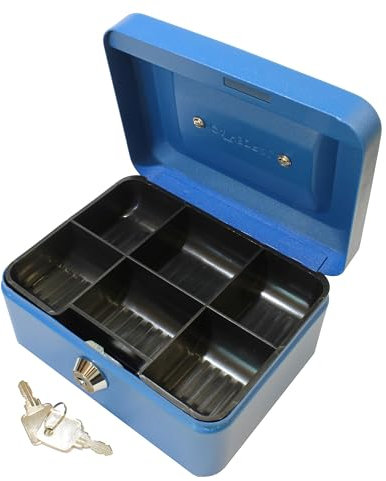 Cathedral Products Key Lockable Cash Box with Lift Out 6 Compartment Coin Tray - 6 Inch - Blue