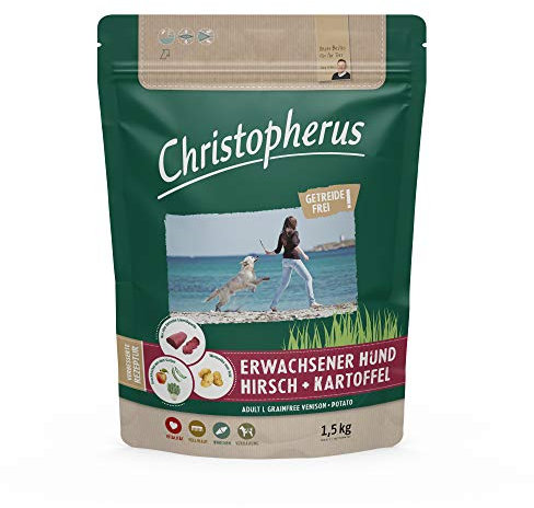 Christopherus Grainfree, Vollnahrung für den ausgewachsenen Hund mit normaler Aktivität, Trockenfutter, Hirsch + Kartoffel, Krokettengröße ca. 1 cm, Ausgewachsener Hund, 1,5 kg