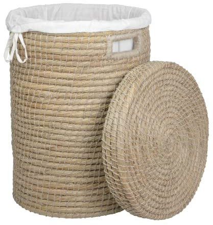 Fair Trade Korbwaren Wäschekorb aus Kaisa-Gras mit Innensack und Deckel Wäschesammler Hand-Geflochten Flechtkorb (40cm)