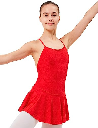 tanzmuster Kinder Ballettanzug Sophie mit Röckchen und am Rücken gekreuzten Spaghettiträgern. Hübsches Träger Ballettkleid aus glänzendem Material in rot, Größe:128/134