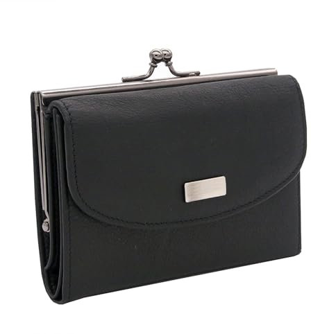 Charmoni - Portefeuille Femme - Porte Monnaie Fermoir clic clac - Porte Carte Crédit - en Cuir De Vachette Véritable (Cuir, Noir)