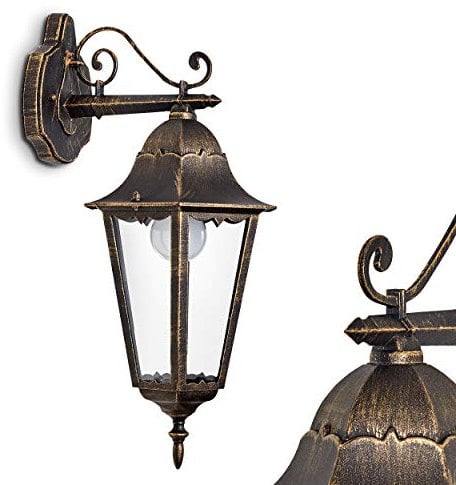 Außenwandleuchte Hongkong, Wandlampe abwärts in antikem Look aus Metall/Glas in Braun/Gold, Wandleuchte 1-flammig, E27, Retro/Vintage Außenleuchte für Terrasse u. Hof, IP44, ohne Leuchtmittel