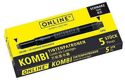 ONLINE Kombi-Tintenpatronen, Universal-Patronen, kompatibel mit allen gängigen Füllern, auch Lamy-Füller, Ersatz-Patronen, Schachtel mit 5 Großraum-Patronen, Farbe: Schwarz