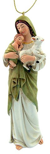 Virgin Mary and Baby Jesus and Lamb Christmas Ornament, Religious Resin Statue, 5 Inches