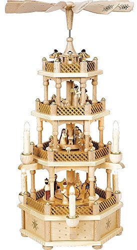 Richard Glässer Seiffen Weihnachtspyramide Christi Geburt, 3-stöckig, 59 cm hoch, elektrisch beleuchtet und angetrieben, original Erzgebirge Wanddekoration für Wohnzimmer oder Heimbüro