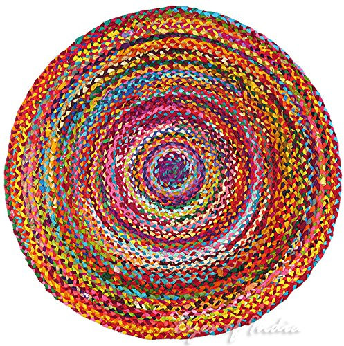 Eyes of India - 4 zu 6 ft Rund Bunt Gewebt Chindi Geflochten Bereich Dekorativ Fleckerlteppich Indisch Bohemian Boho - Multi, 4 ft. (120 cm)