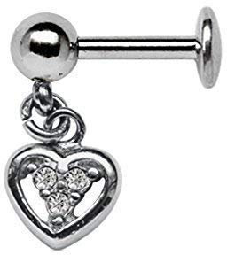 Ohr Piercing Helix, Tragus, Lobe Stecker, Labret in 1,2 x 7 mm mit Kugel und Herz Anhänger mit Steinen