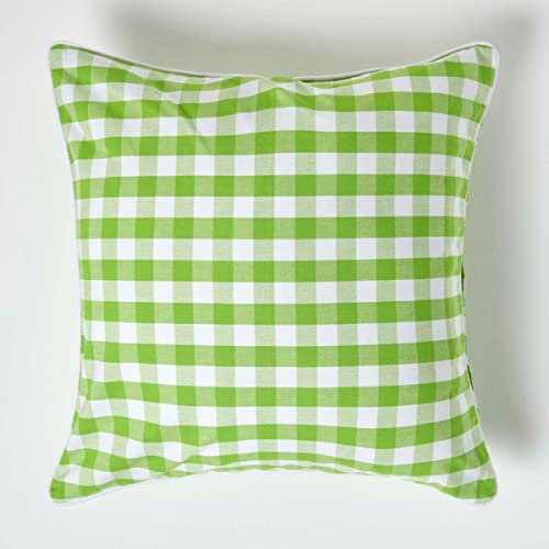 HOMESCAPES Green and White Gingham Cushion Cover 60 x 60 cm (24” x 24”) Block Check Pattern 100% Cotton Decorative Large Square Cushion