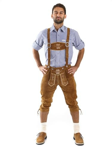 Almbock Trachtenhose Herren braun - Kniebundhose Herren mit Hosenträgern und Messertasche - Herren Trachten Lederhose - Trachtenlederhose Herren 46