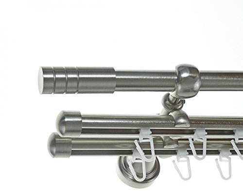 Rohr + Innenlauf Gardinenstange Edelstahl Look Ø 16mm zur Wandbefestigung 3-läufig Zylinder, H14 E28 + 2xB16I Länge wählbar, Länge:140 cm