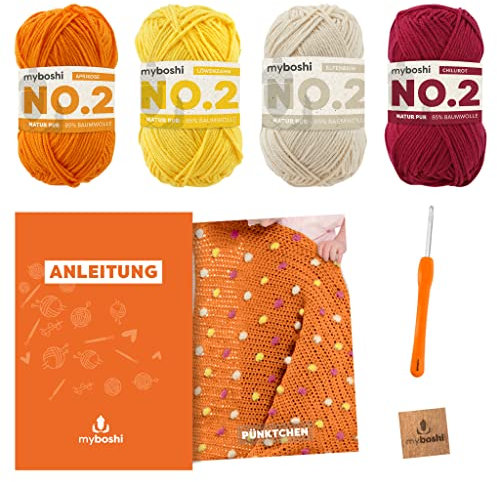 myboshi Häkelset Babydecke Pünktchen für Anfänger, inkl. No.2 Wolle, Nadel und Anleitung, für Babys und Amigurumi, Häkelpaket, 85% Baumwolle, 15% Kapok Orange, mit Häkelnadel