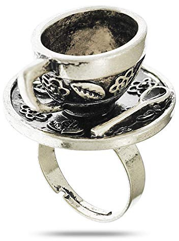 RechicGu Vintage Fairytale 3D Tea Cup Saucer Ring Party Fairy Tale Hatter Wonderland Cosplay Fancy Dress, Alloy, Gold-plated, 1