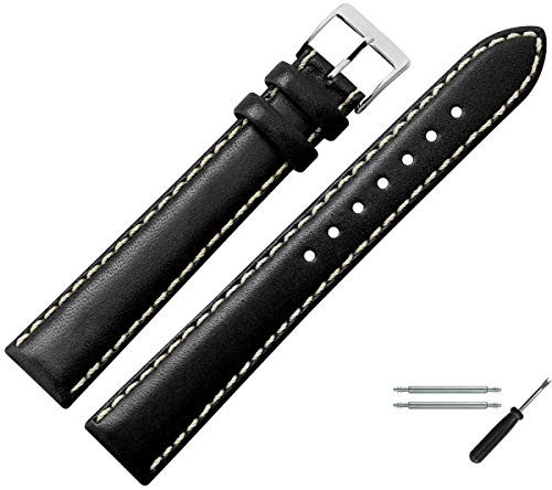 MARBURGER Uhrenarmband 20mm Leder Schwarz Silber XL Glatt Mit Naht - Montage Set 8022010000120