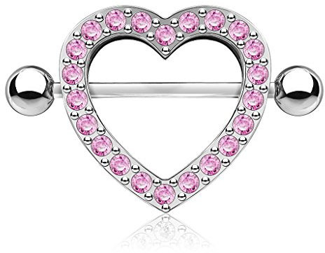 Paula & Fritz® Brustwarzen-Piercing Brustpiercing Frau Maenner Intimpiercing Mann Nippelpiercing Herz Silber Roségold Rand Zirkonia Clear Pink Edelstahl Chirurgenstahl 316L KQ-0011_P