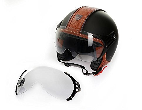 Motorradhelm Jethelm Rollerhelm CMX Hazel Größe L matt schwarz mit braunem Leder und klarem Visier + Ersatzvisier klar