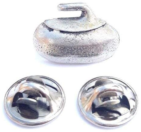 Curling Pierre fabriquéà la main en étain massif en UK Insigne de goupille de revers + 59mm Insigne de bouton + SAC-CADEAU