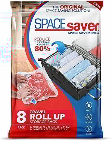 Spacesaver Premium Roll-up Storage Bags for Max Space Saving! 80% More Storage! No Pump or Vacuum Needed - Perfect for traveling! (Travel 8 Pack)