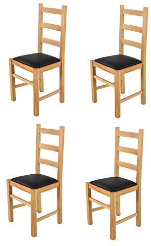 t m c s Tommychairs - 4er Set Stühle Rustica für Küche und Esszimmer, Robuste Struktur aus Buchenholz, in der Farbe Naturfarben lackiert und gepolsterte Sitzfläche mit schwarzem Kunstleder bezogen