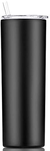Gteller Double Wall 18/8 Stainless Steel Vacuum Slim Skinny Tumbler with Straw and lid, Insulated Travel Mug Keeping Beverage Cold and Warm (Black, 20oz)