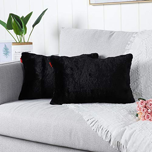 Mandioo 2er Set 30x50 cm Schwarz Faux Fur Flauschigen Kissenbezüge Moderne Künstlich Pelz Kissenhüllen Dekorative Sofakissen Dekokissen Weicher Zierkissenbezug für Wohnzimmer Sofa Schlafzimmer