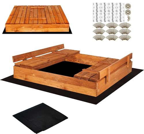 SPRINGOS Bac à Sable avec Banc 140 x 140 cm Couverture Bois Imprégné Bac à Sable pour Enfants