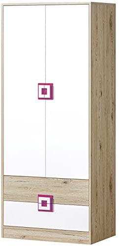 Marmex Nico N1 Zweitüriger Kleiderschrank - Hochwertige Möbelbeschläge - Kleiner Kleiderschrank - Kleiderschrank für Jugend, Kinderzimmer - Eiche Hell + Weiß + Rosa - 80x190x50cm