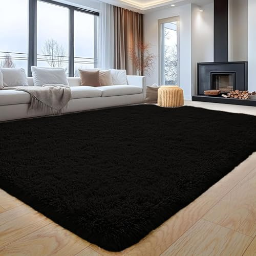Aspire Homeware Rugs Living Room Large 200x290 Cm - Black Fluffy Rug - Area Rugs for Bedroom Large Modern Shaggy Rug Super Soft Non Slip Thick Pile