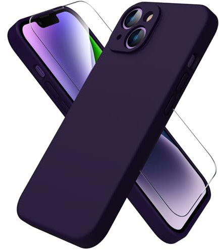 ACRONIX Coque pour iPhone 14,Coque Silicone Liquide pour iPhone 14(6.1),avec 1 Verres Trempés,Surélevée pour Écran & Caméra,Case Protection Complète 360 Degré,Coque en Silicone-Violet foncé