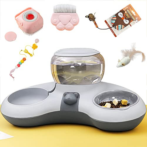 Gamelle Chat Double Bol en Croissant avec Distributeur d'Eau Automatique - Grande Capacité - Combinaison de Grande Valeur (Gris Plus)
